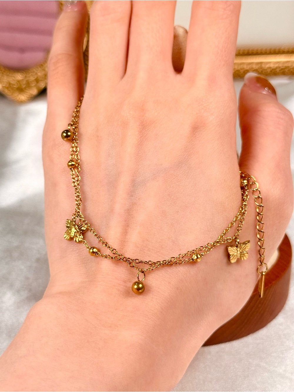 #177  18K Golden Butterfly 3D Spherical Stainless Steel Double Layer Anklet